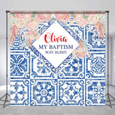 Aperturee - Custom Blue Floral Baptism Party Backdrop for Girl
